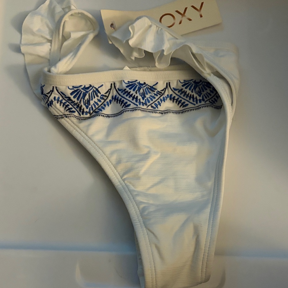 Roxy White Bikini Bottom with Blue Embroidered Trim